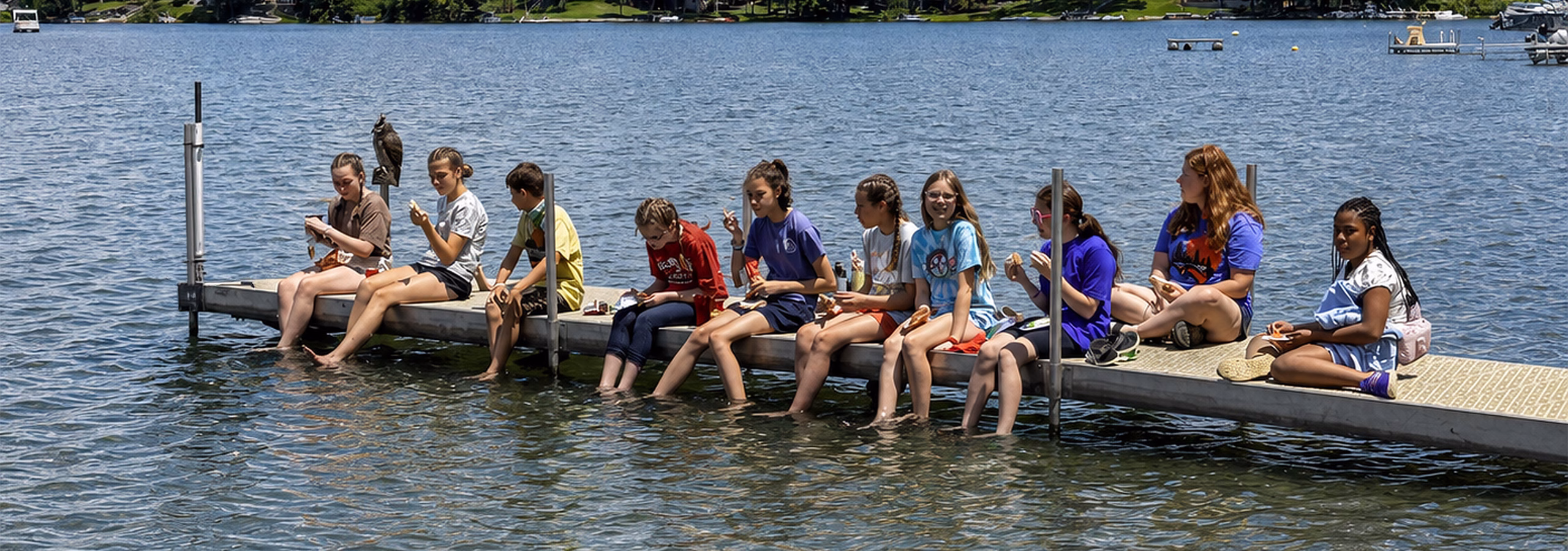 A dock full of happy campers on the lake at Lutheran Outdoor Ministries: Indiana-Kentucky (LOMIK)